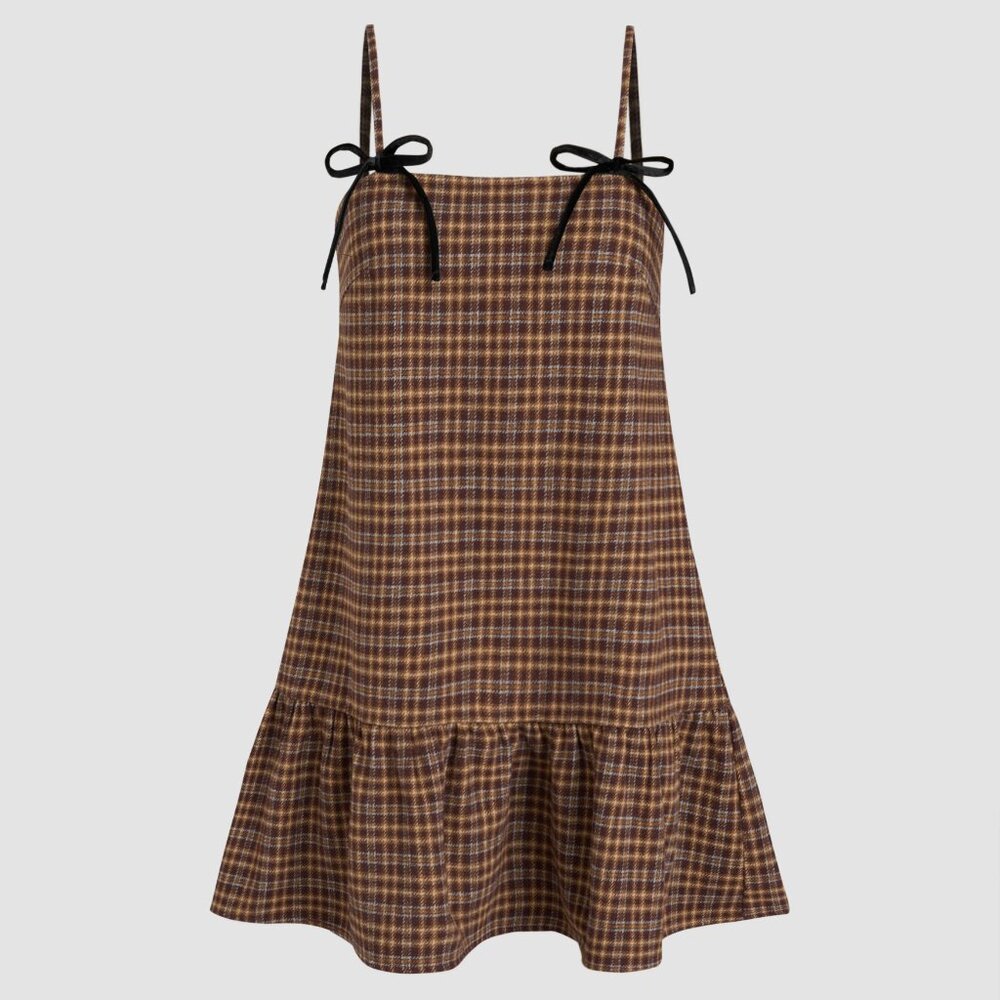 Brown Plaid Ruffle Hem Mini Dress with Bow Straps – Size XL